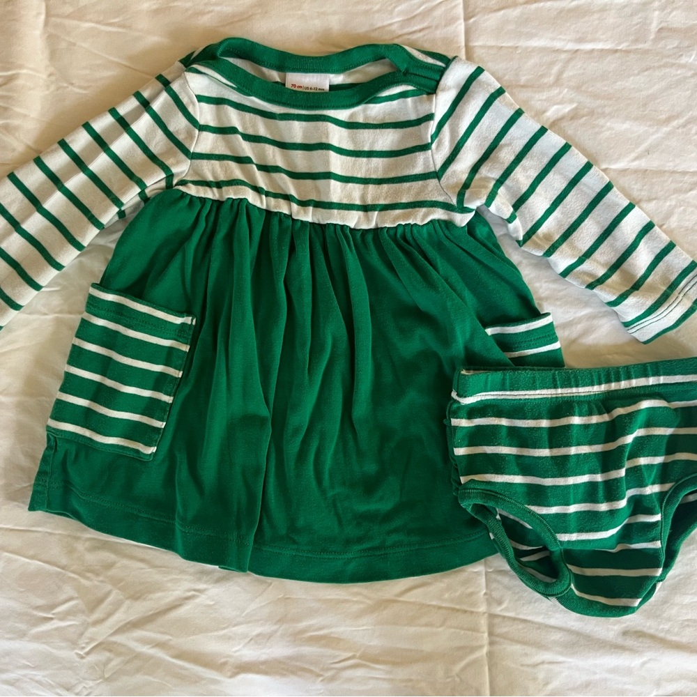 Hanna Andersson Green and White Striped Baby Dress with Bloomers
